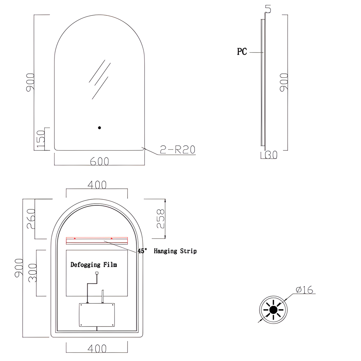 Verona LED Arch Frameless Backlit Mirror With Demister (600x900mm)