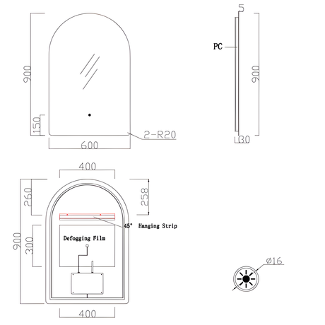 Verona LED Arch Frameless Backlit Mirror With Demister (600x900mm)