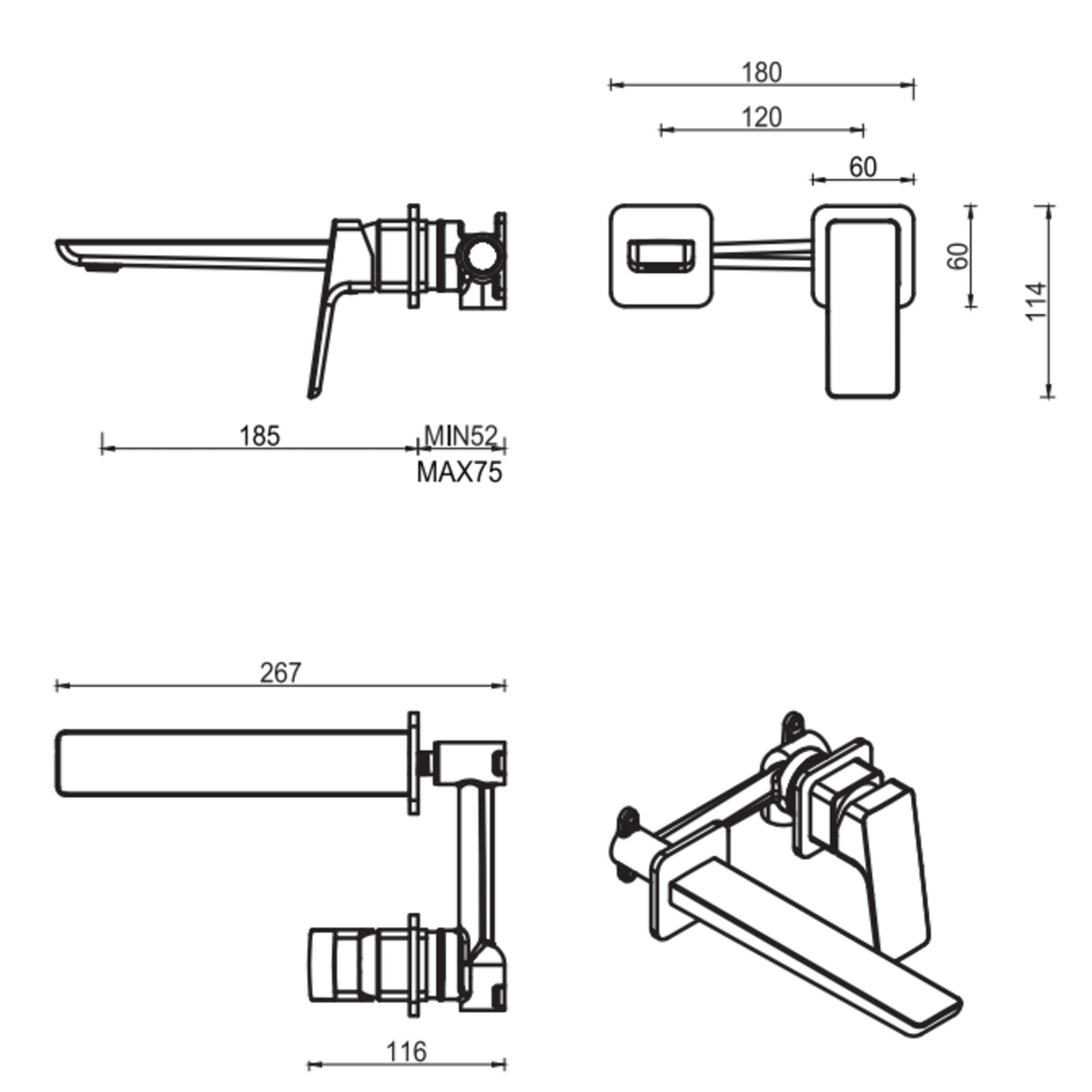 Tiago Wall-Spout Combo - 2P - Trim Kit only