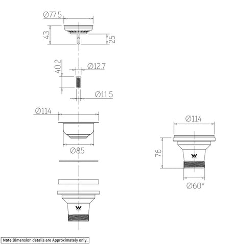 INS Kitchen Sink Basket Waste - Argent Gold Technical Drawing