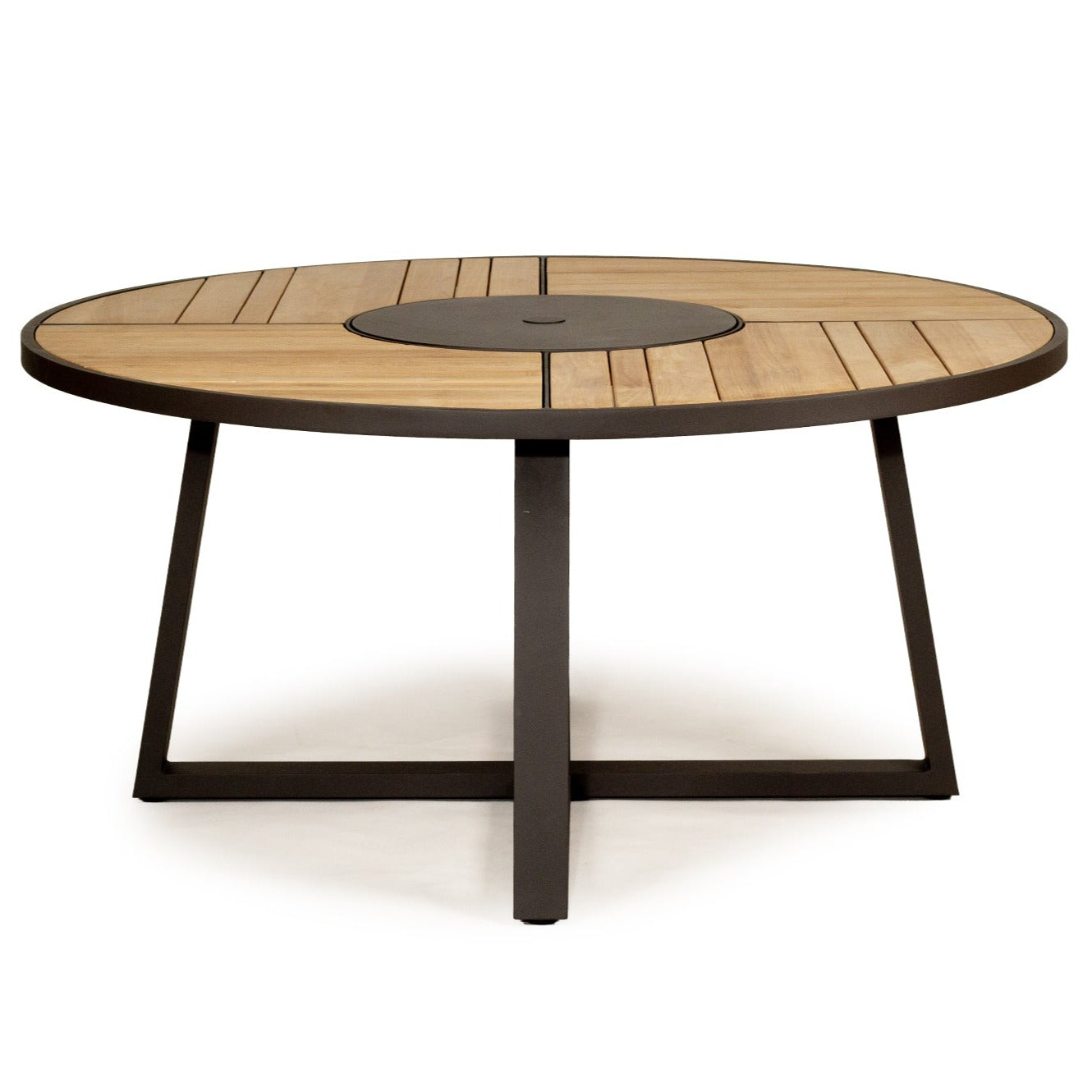 Weston Outpost Round Teak Dining Table – 1.6m – Asteroid Black (Charcoal) Powder Coated Legs