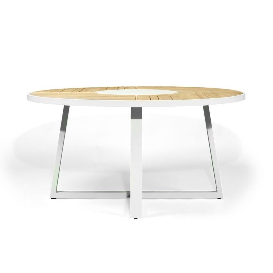 Weston Outpost Round Teak Dining Table – 1.6m – Whitley Pearl Powder Coated Legs