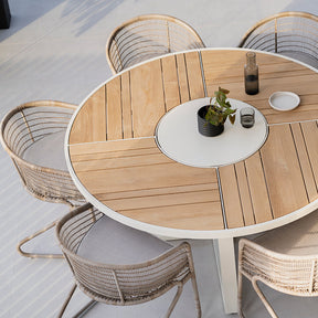 Weston Outpost Round Teak Dining Table – 1.6m – Whitley Pearl Powder Coated Legs