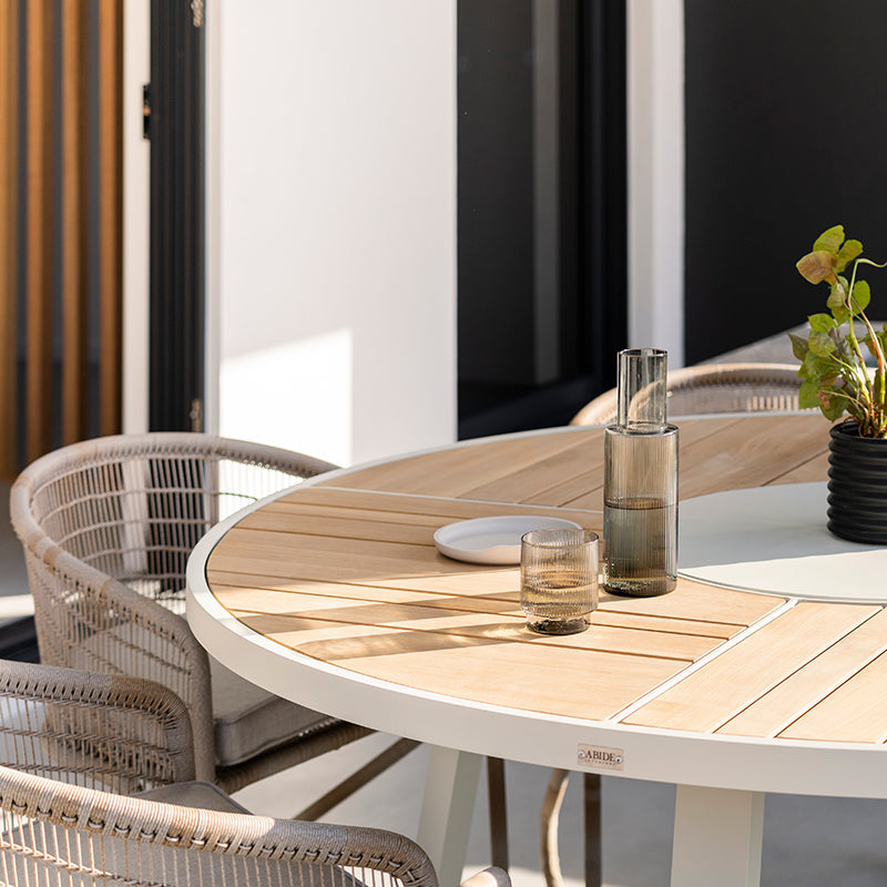 Weston Outpost Round Teak Dining Table – 1.6m – Whitley Pearl Powder Coated Legs