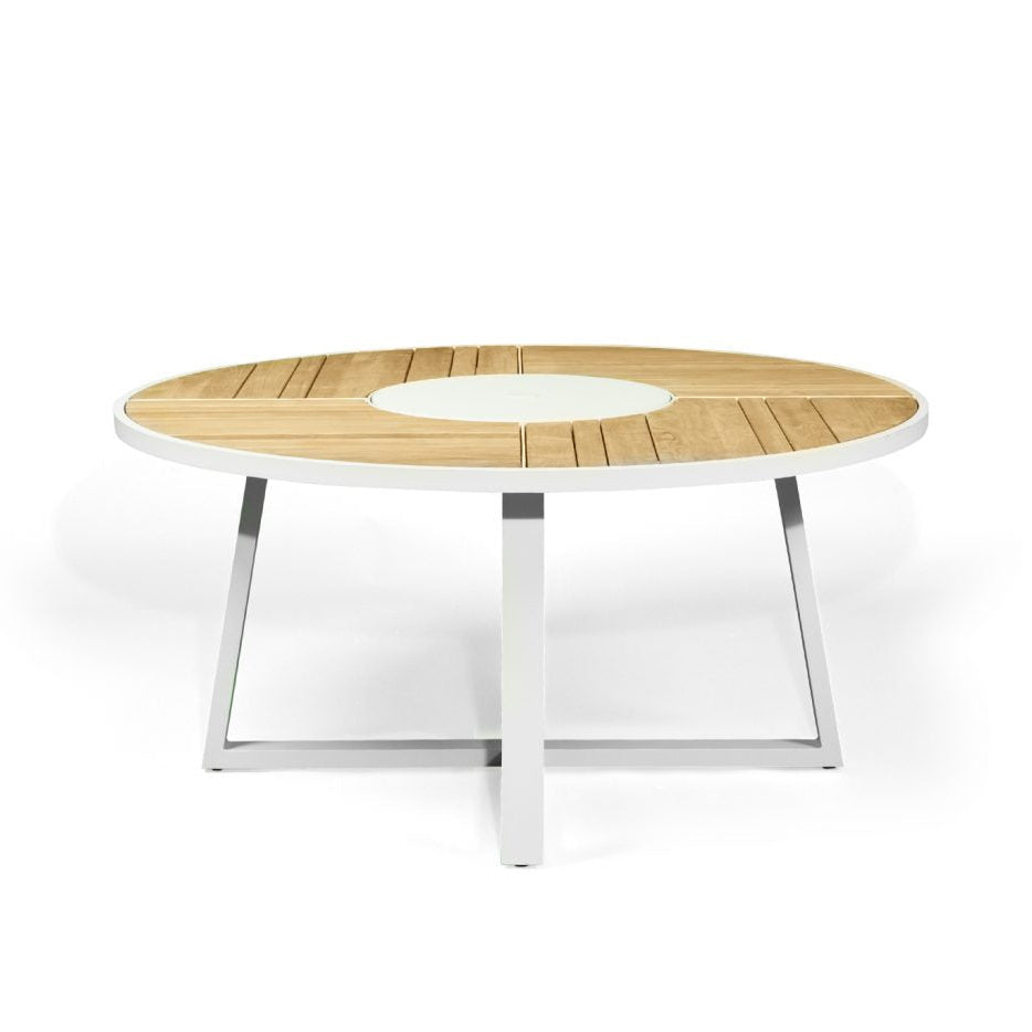 Weston Outpost Round Teak Dining Table – 1.6m – Whitley Pearl Powder Coated Legs