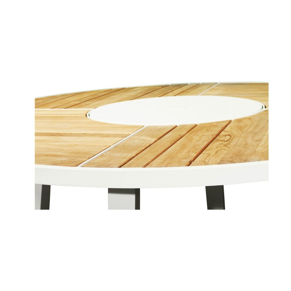 Weston Outpost Round Teak Dining Table – 1.6m – Whitley Pearl Powder Coated Legs