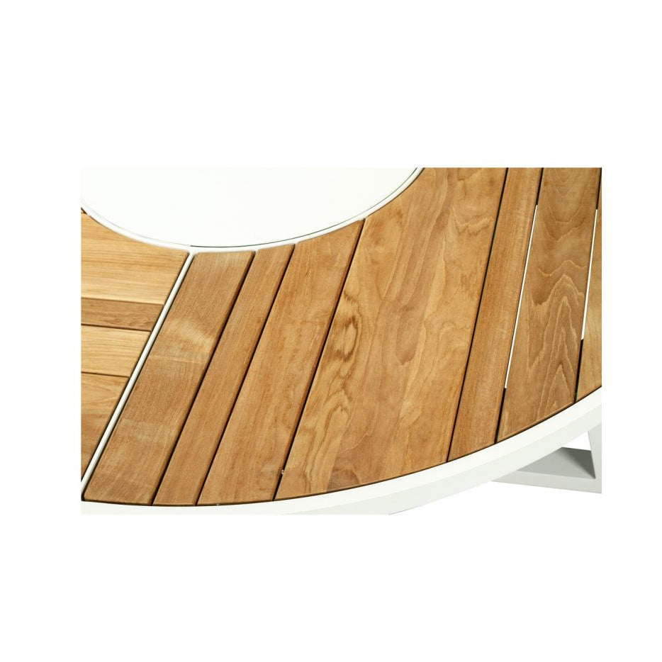 Weston Outpost Round Teak Dining Table – 1.6m – Whitley Pearl Powder Coated Legs