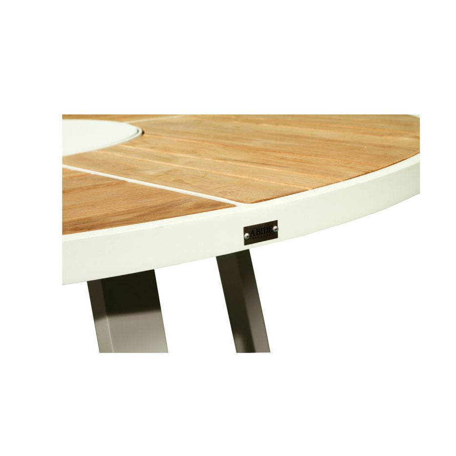 Weston Outpost Round Teak Dining Table – 1.6m – Whitley Pearl Powder Coated Legs