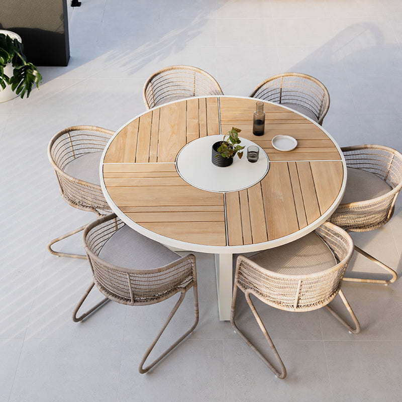 Weston Outpost Round Teak Dining Table – 1.6m – Whitley Pearl Powder Coated Legs