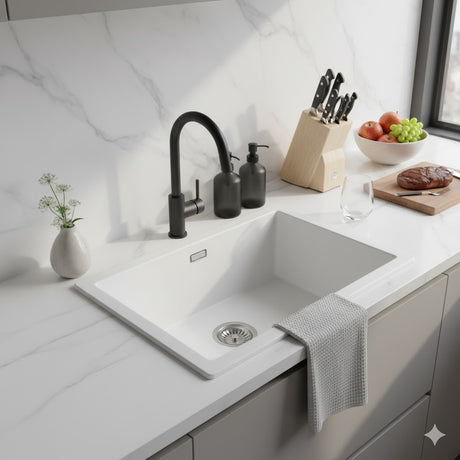 White Carysil Granite Single Bowl Kitchen Sink - 533x457mm 