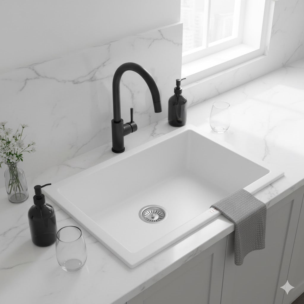 White Carysil Granite Single Bowl Kitchen Sink - 610x457mm