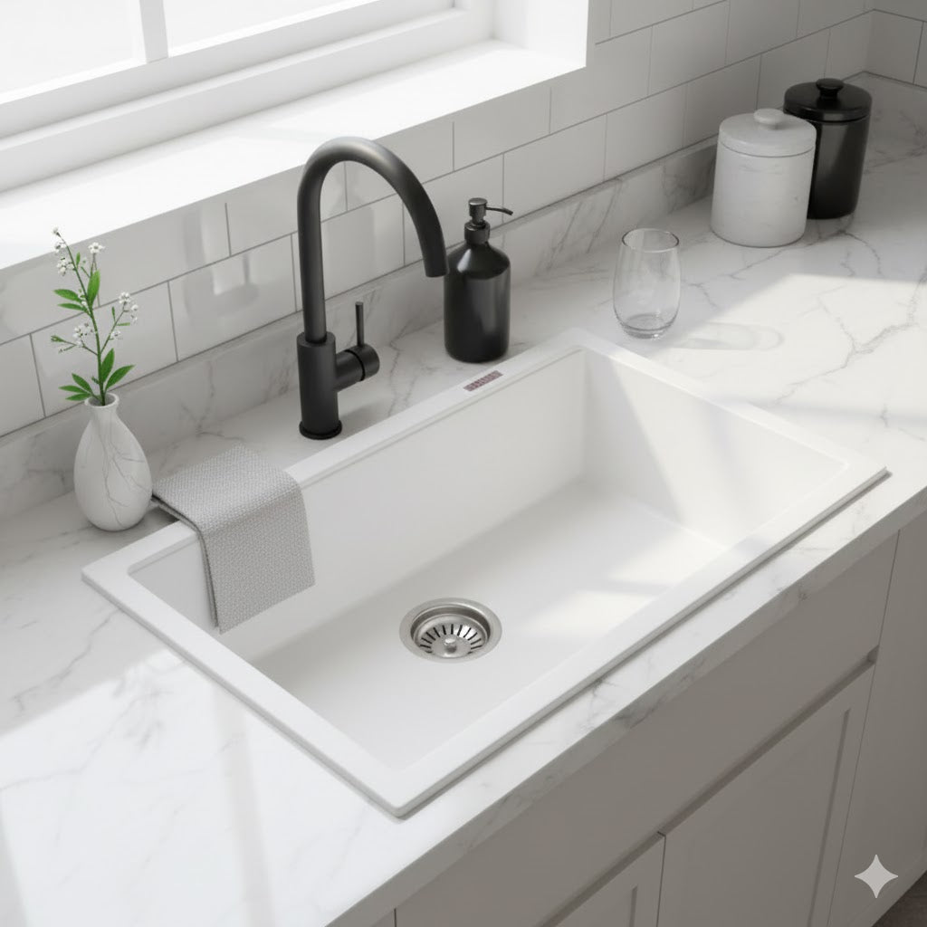 White Carysil Granite Single Bowl Kitchen Sink - 780x510x220mm