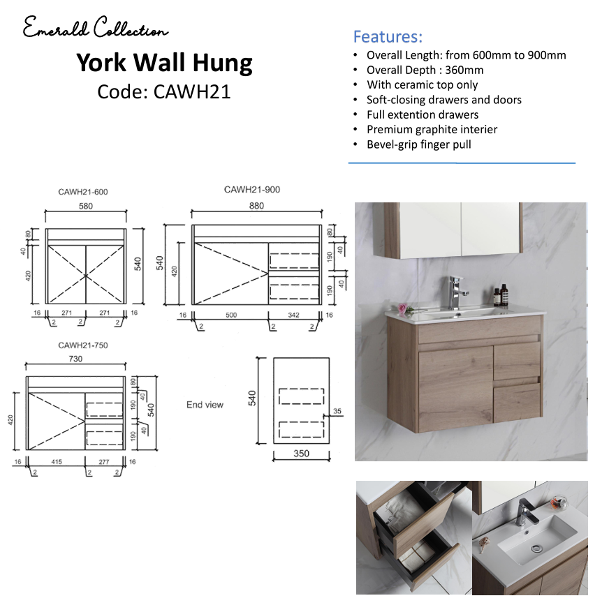 YORK Slim Wall Hung Vanity Max Oak (All Sizes)