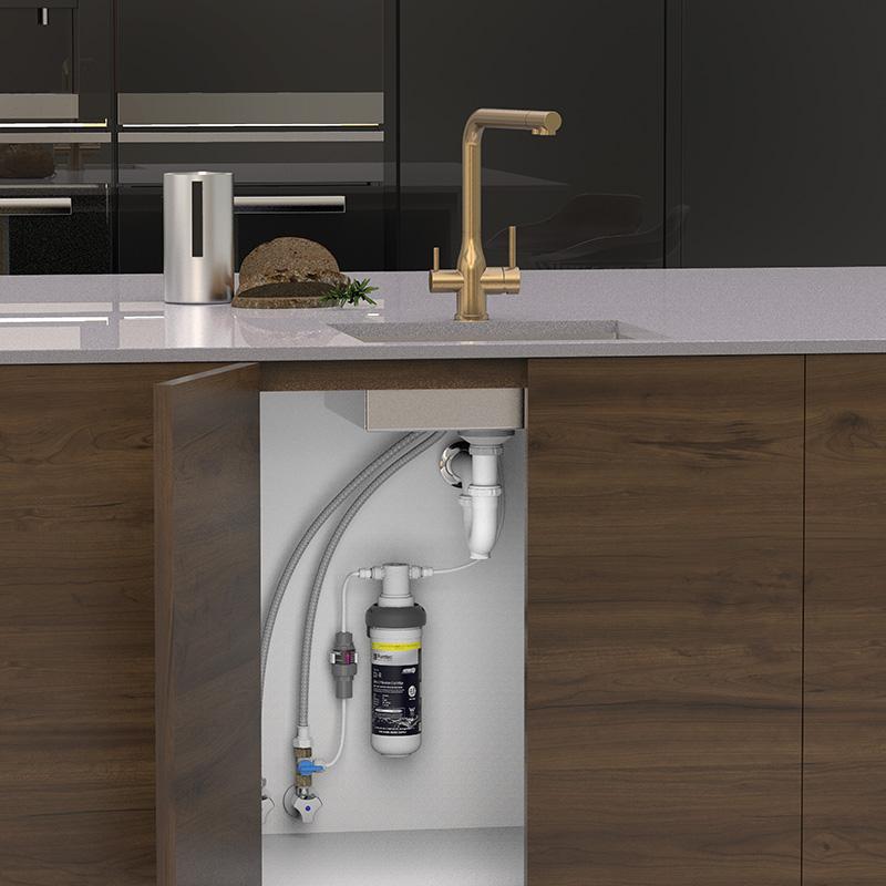 Puretec Tripla Elite 20 Brushed Gold 3-Way Kitchen Mixer Tap & Water Filter Package