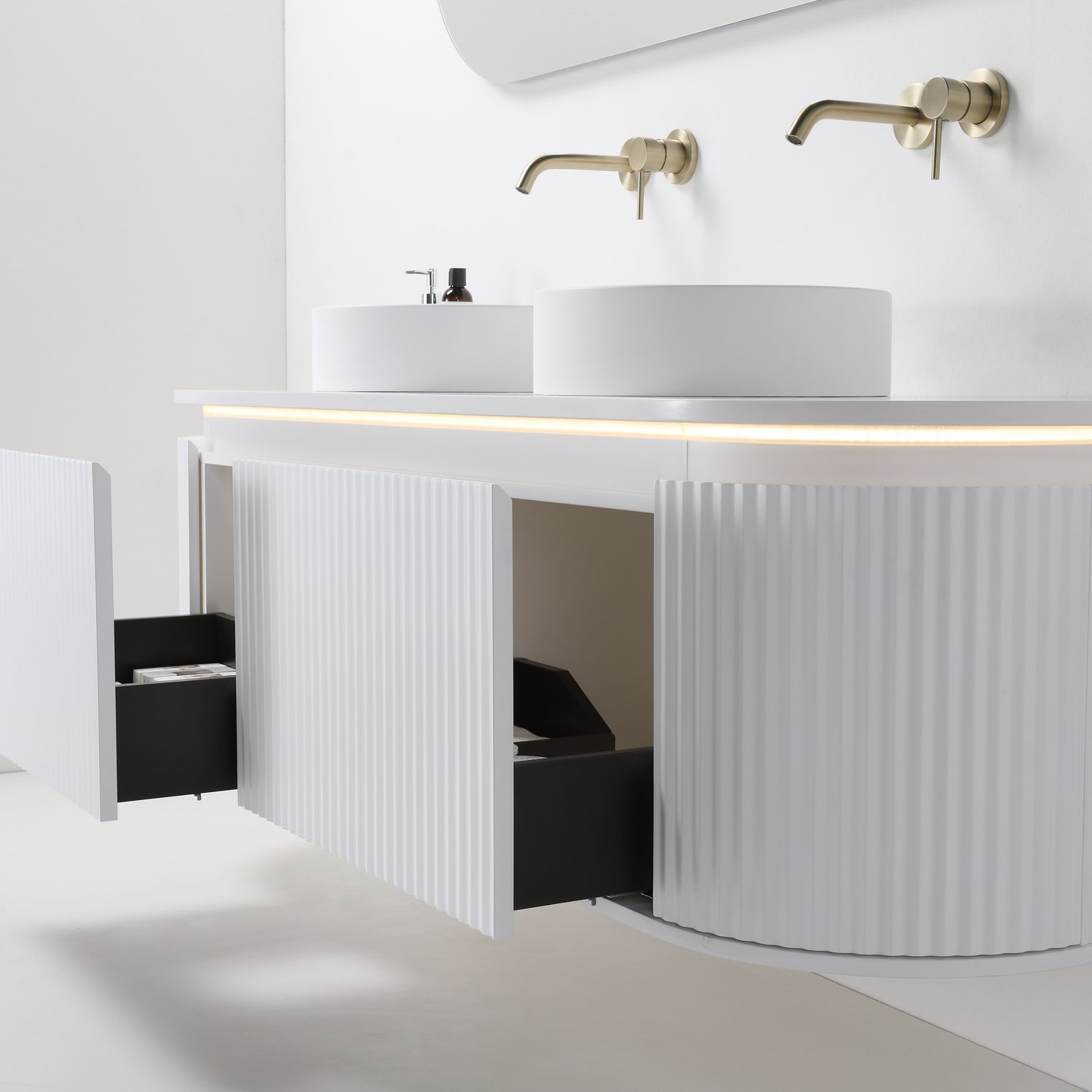 ZURE SAINOS Wall Hung Curve Vanity Matte White Side Drawing