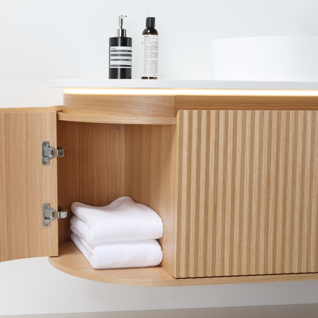 ZURE SAINOS Wall Hung Curve Vanity Natural Oak 3