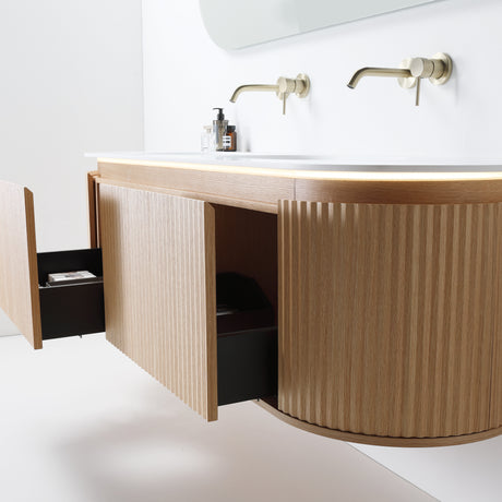 ZURE SAINOS Wall Hung Curve Vanity Natural Oak Side View