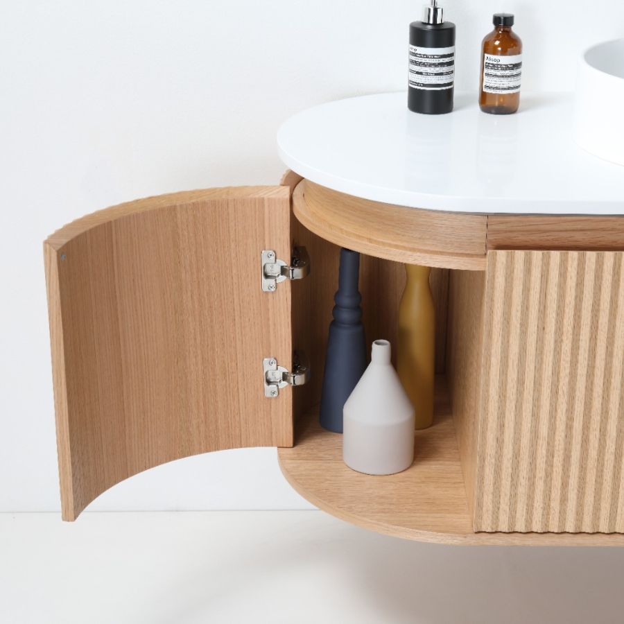 ZURE SAINOS Wall Hung Curve Vanity Natural Oak side view 2