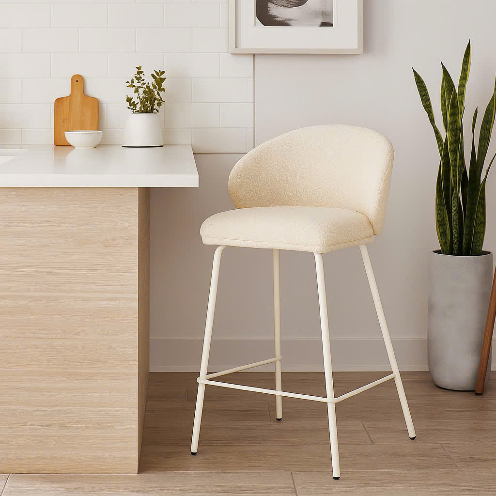 Anders Steel Frame Counter Stool – Natural Upholstery with White Legs