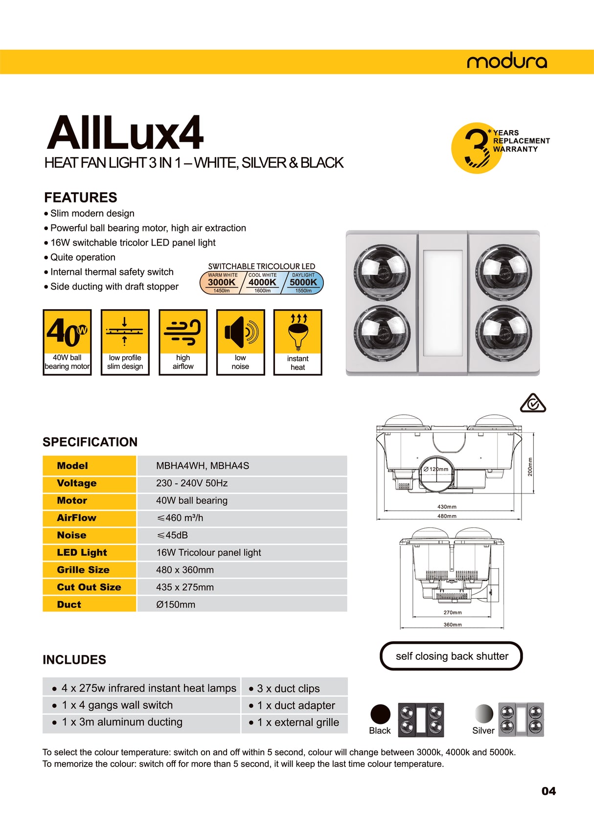 MODURA AllLux4 Silver Exhaust Fan With Tricolour Panel Light 16w