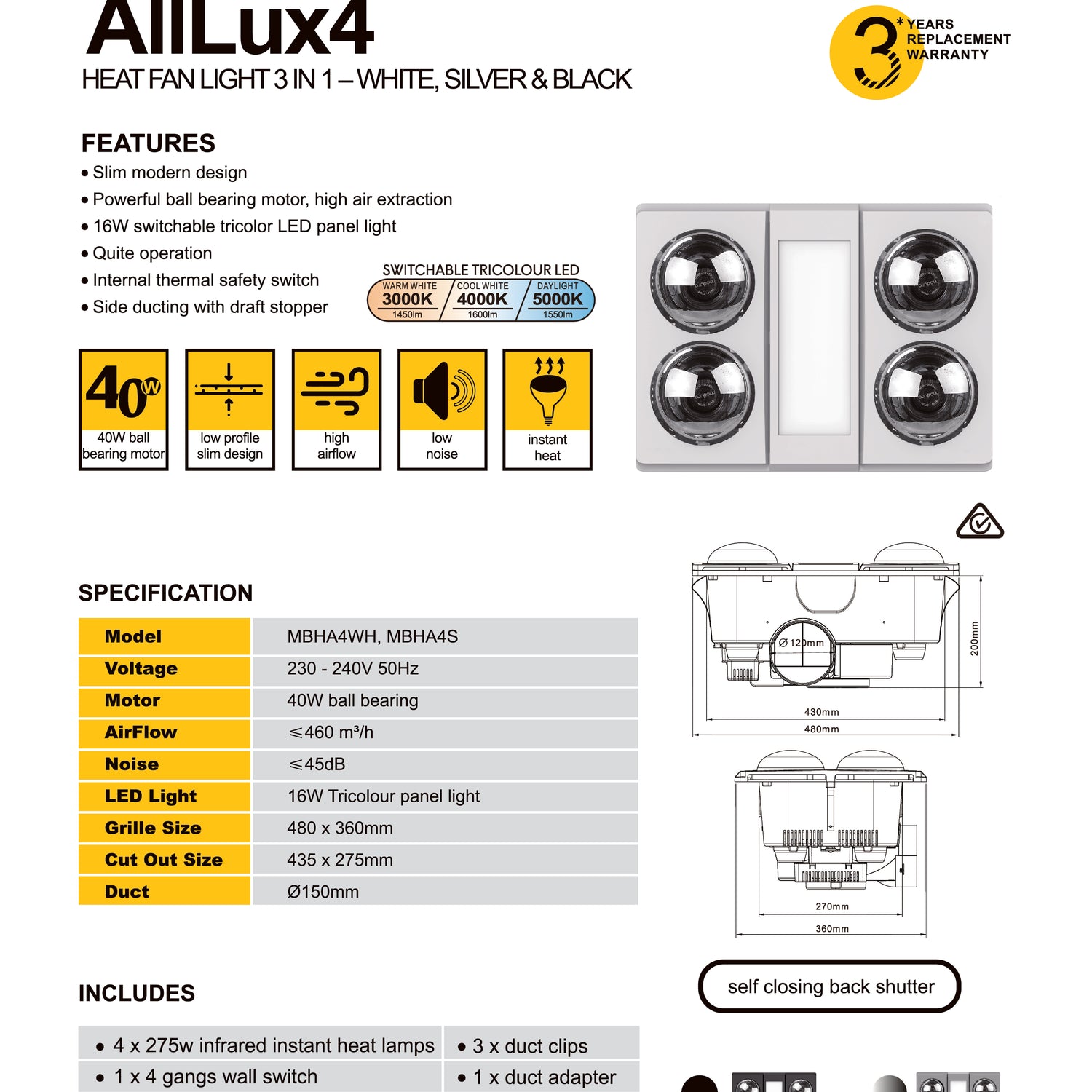 MODURA AllLux4 Black Exhaust Fan With Tricolour Panel Light 16w
