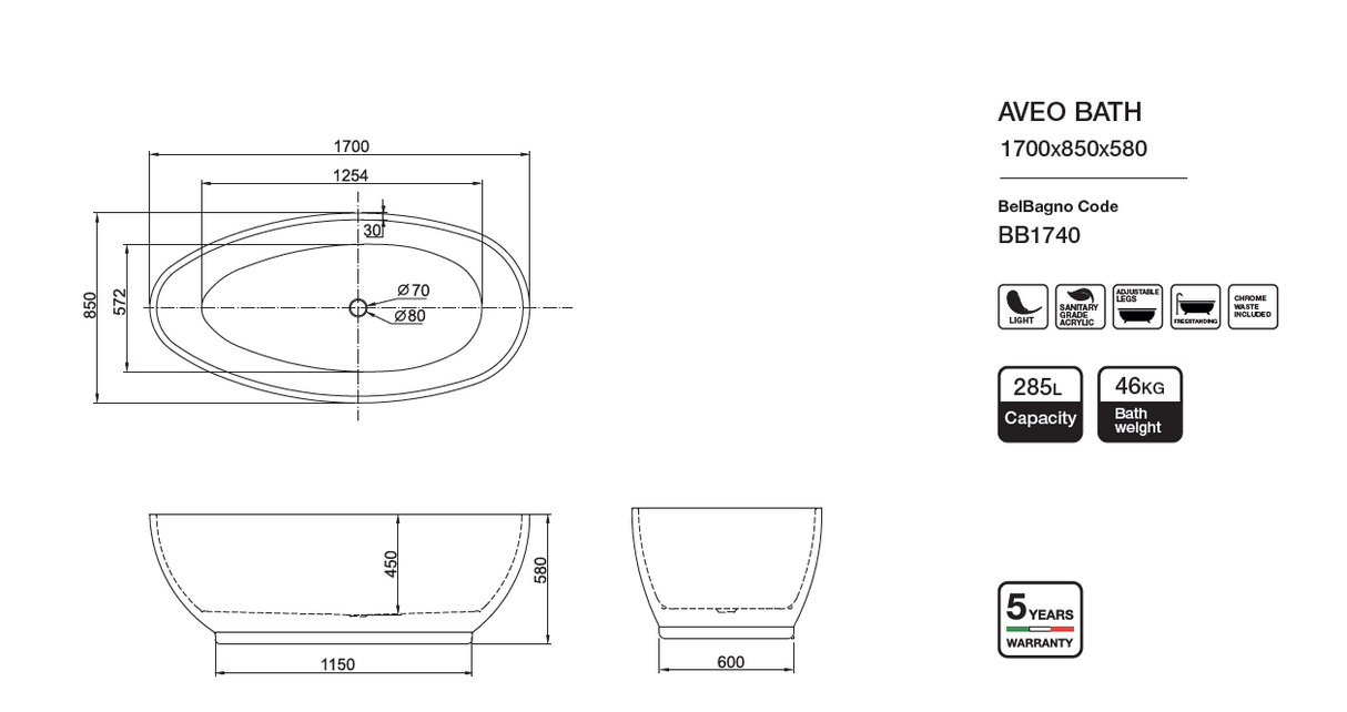 AVEO Freestanding Bathtub Overflow 1700MM