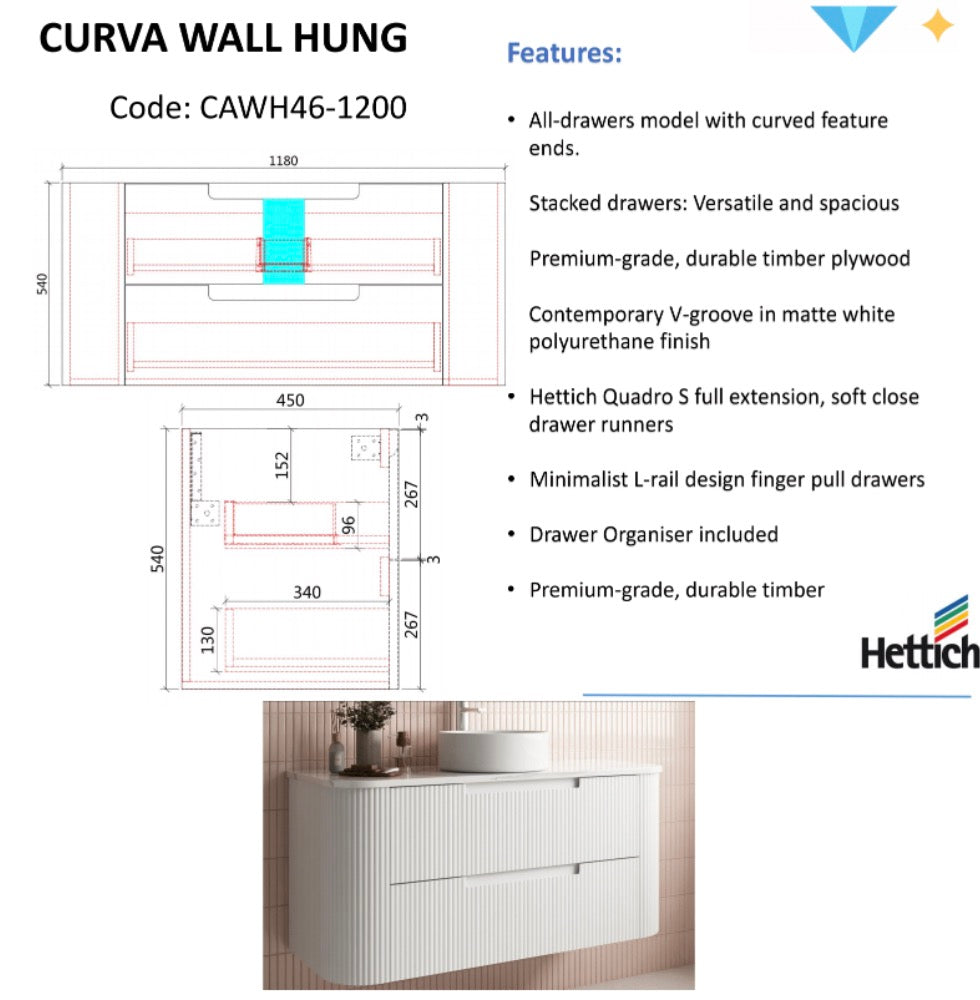 CURVA Wall Hung Fluted Curved Vanity Matte White (All Sizes)