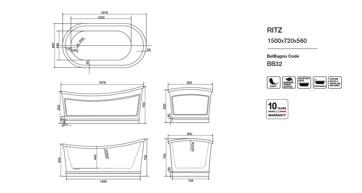 RITZ Freestanding Bathtub with Overflow (Matte Grey) (1700mm)