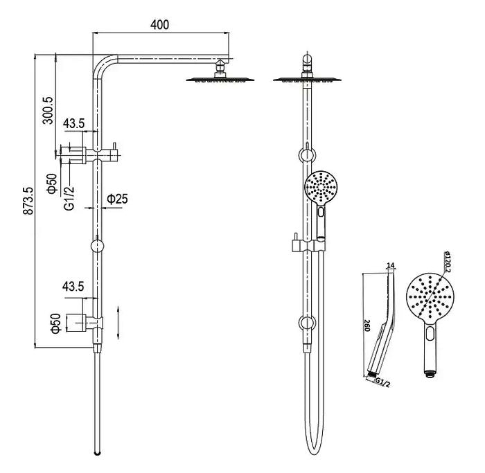 PAVIA Gun Metal Twin Shower On Rail Top Inlet Round (200mm)