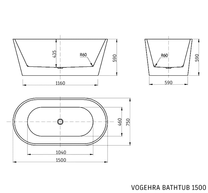 VOGHERA Free-Standing Bathtub Non-Overflow 1500mm