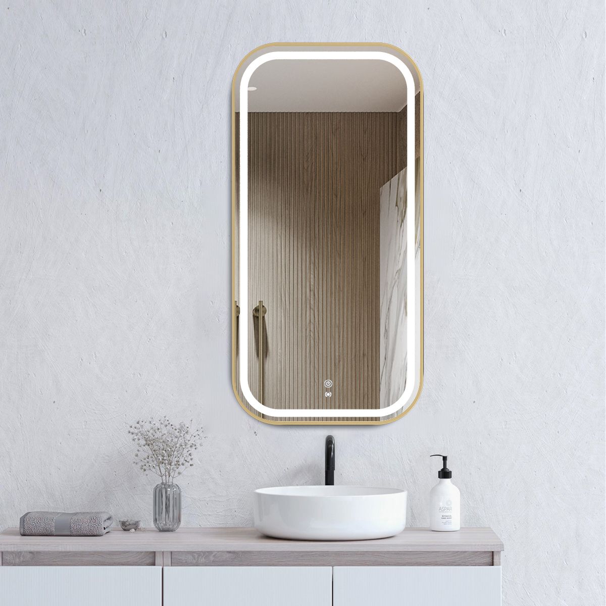 NEWPORT Backlit LED Soft Square Metal Frame Mirror 900x450mm Brushed Gold