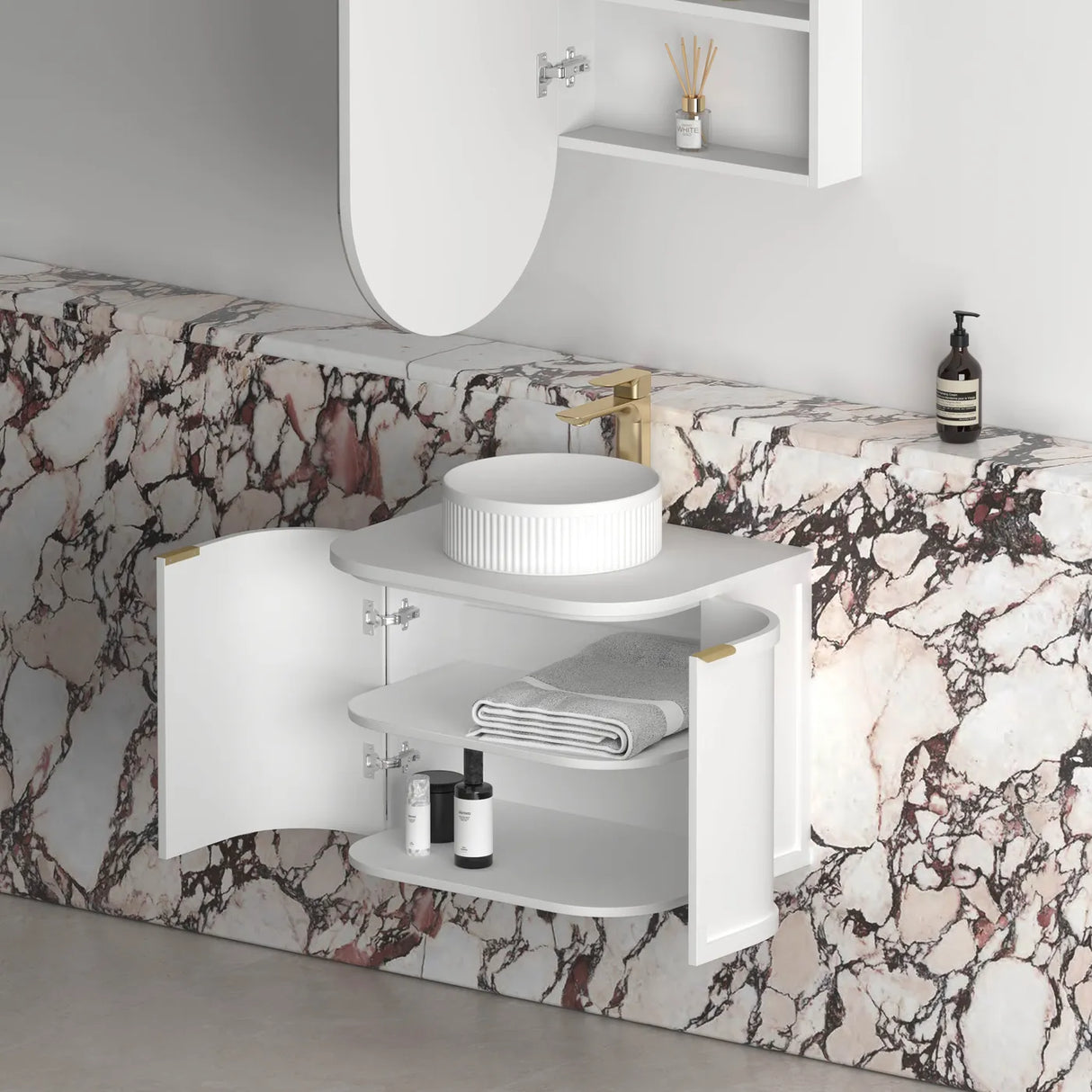 Lancaster Wall Hung Curve Vanity Satin White (All Size)