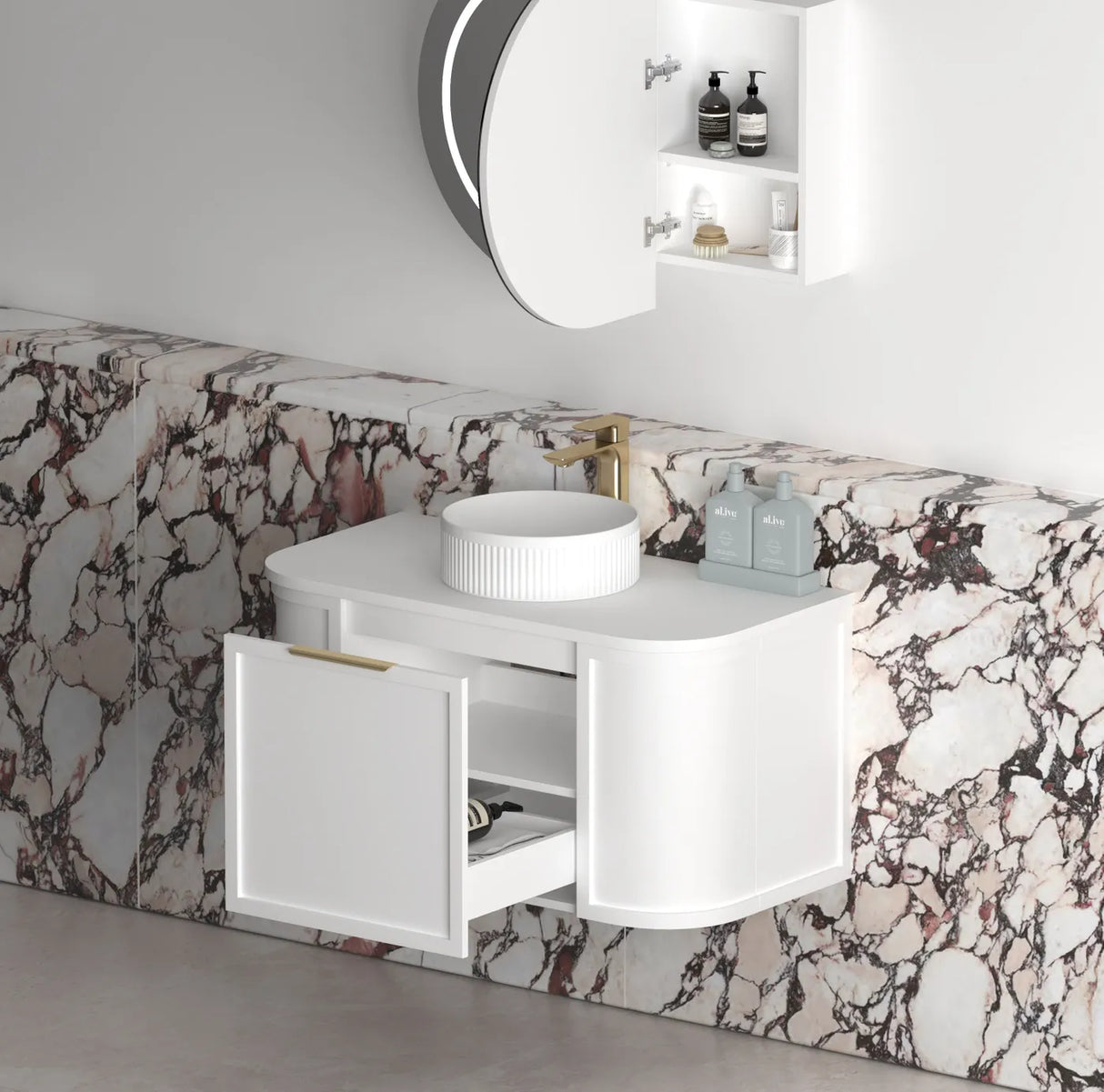 Lancaster Wall Hung Curve Vanity Satin White (All Size)