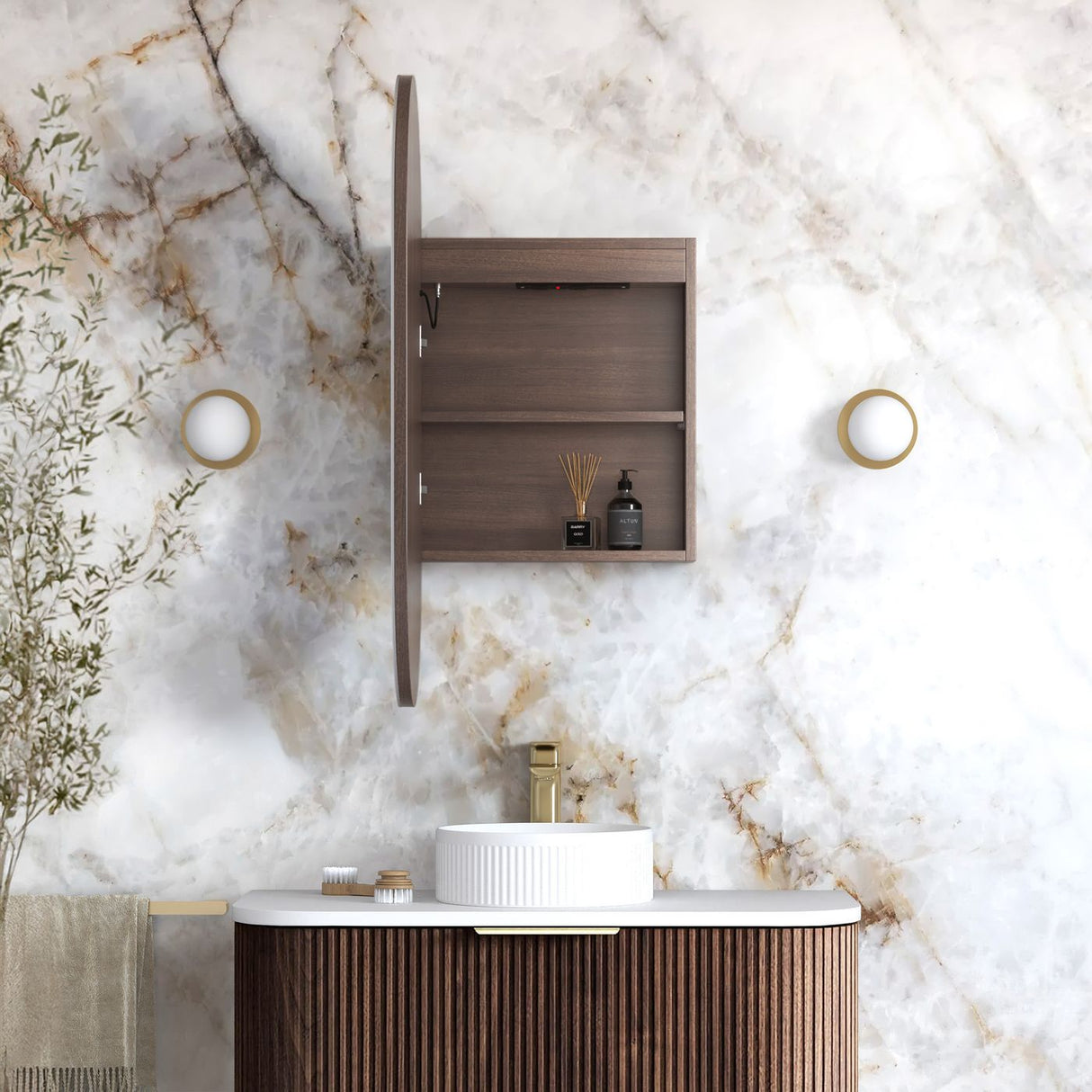 NOOSA Sable Walnut Front-Lit LED Oval Shaving Cabinet (W450xH900mm)