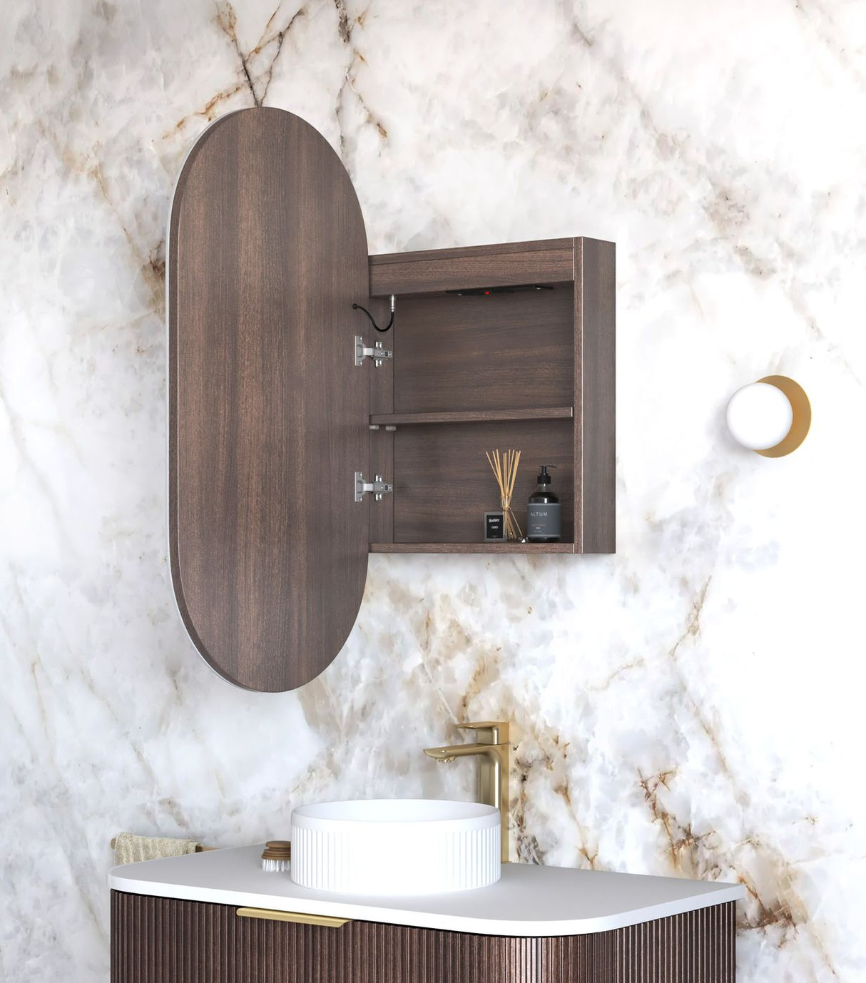 NOOSA Sable Walnut Front-Lit LED Oval Shaving Cabinet (W450xH900mm)