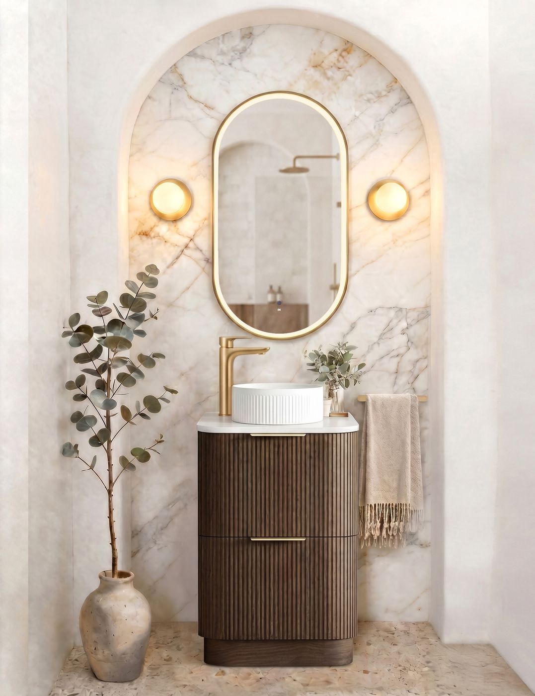 HAVANA Fluted Curved Floor Standing Vanity Sable Walnut (All Sizes)
