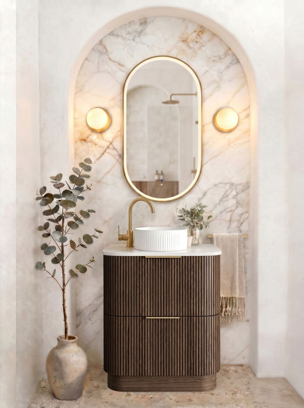 HAVANA Fluted Curved Floor Standing Vanity Sable Walnut (All Sizes)