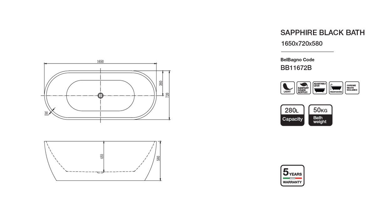 SAPPHIRE BLACK Freestanding Bathtub Overflow 1650mm