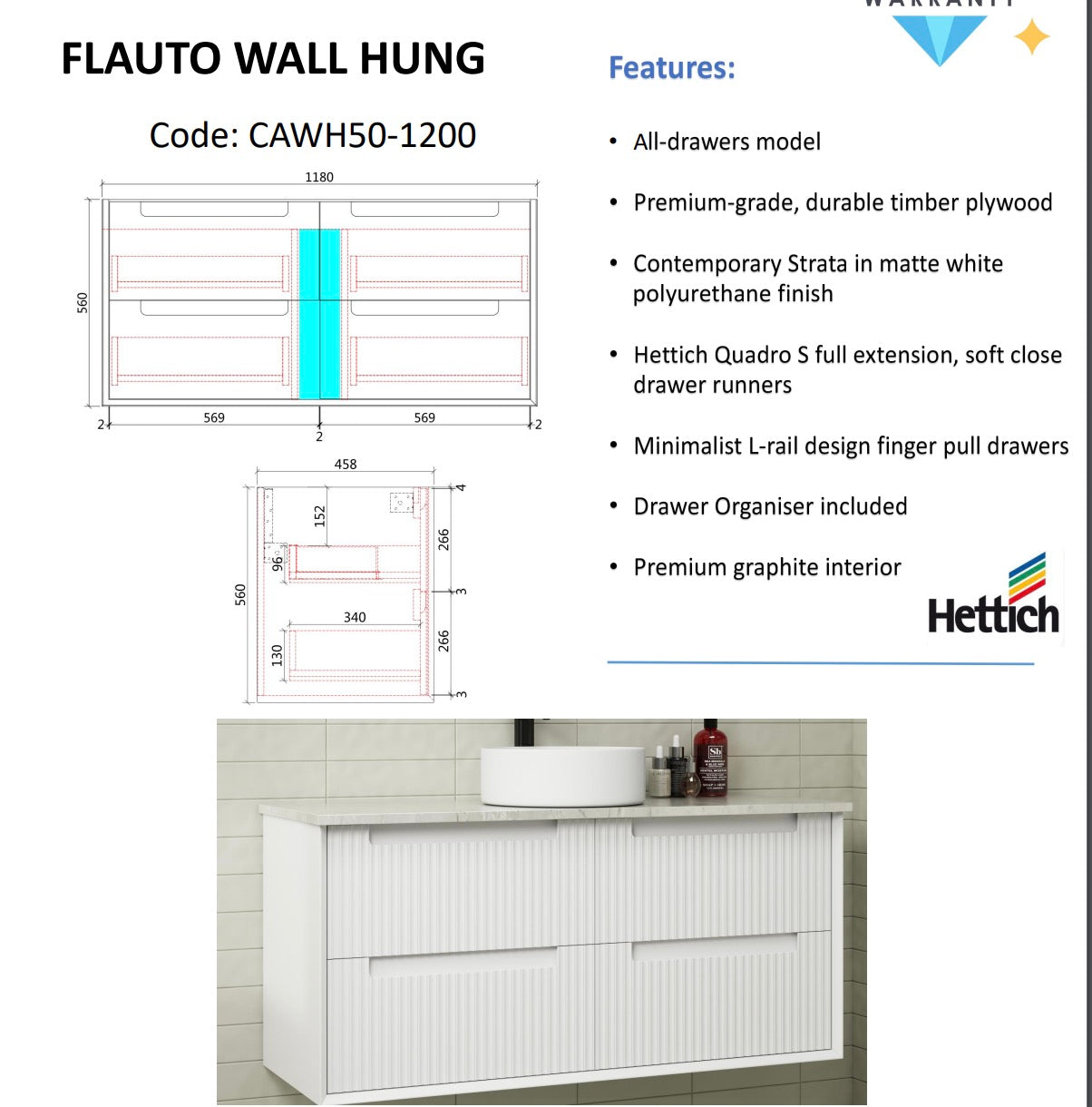 FLAUTO Wall Hung Vanity Matte White (All Sizes)