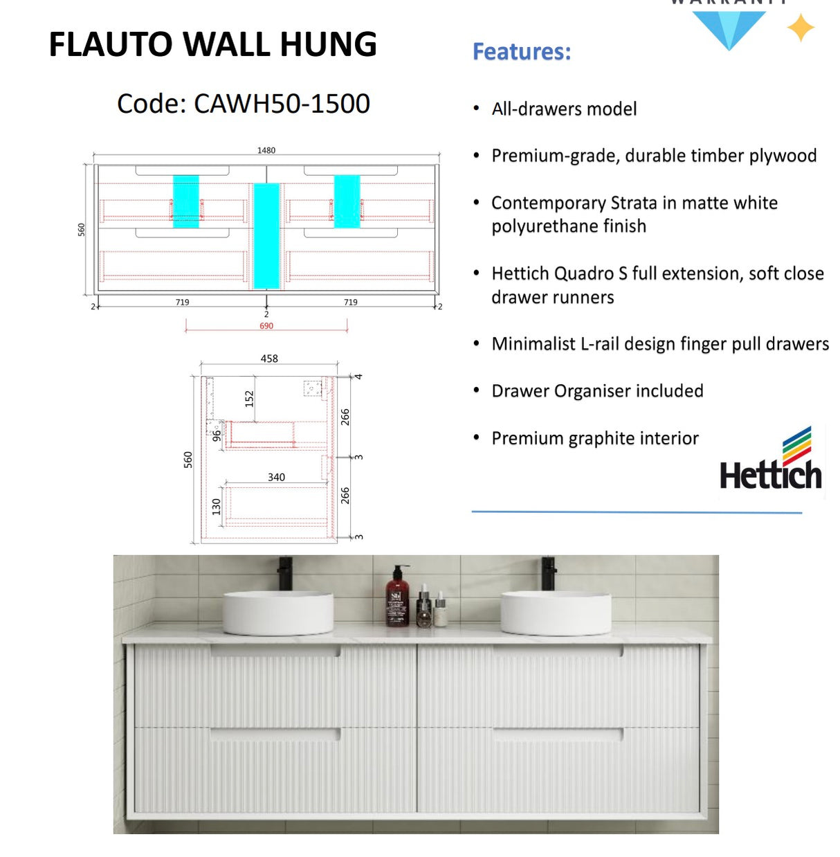 FLAUTO Wall Hung Vanity Matte White (All Sizes)