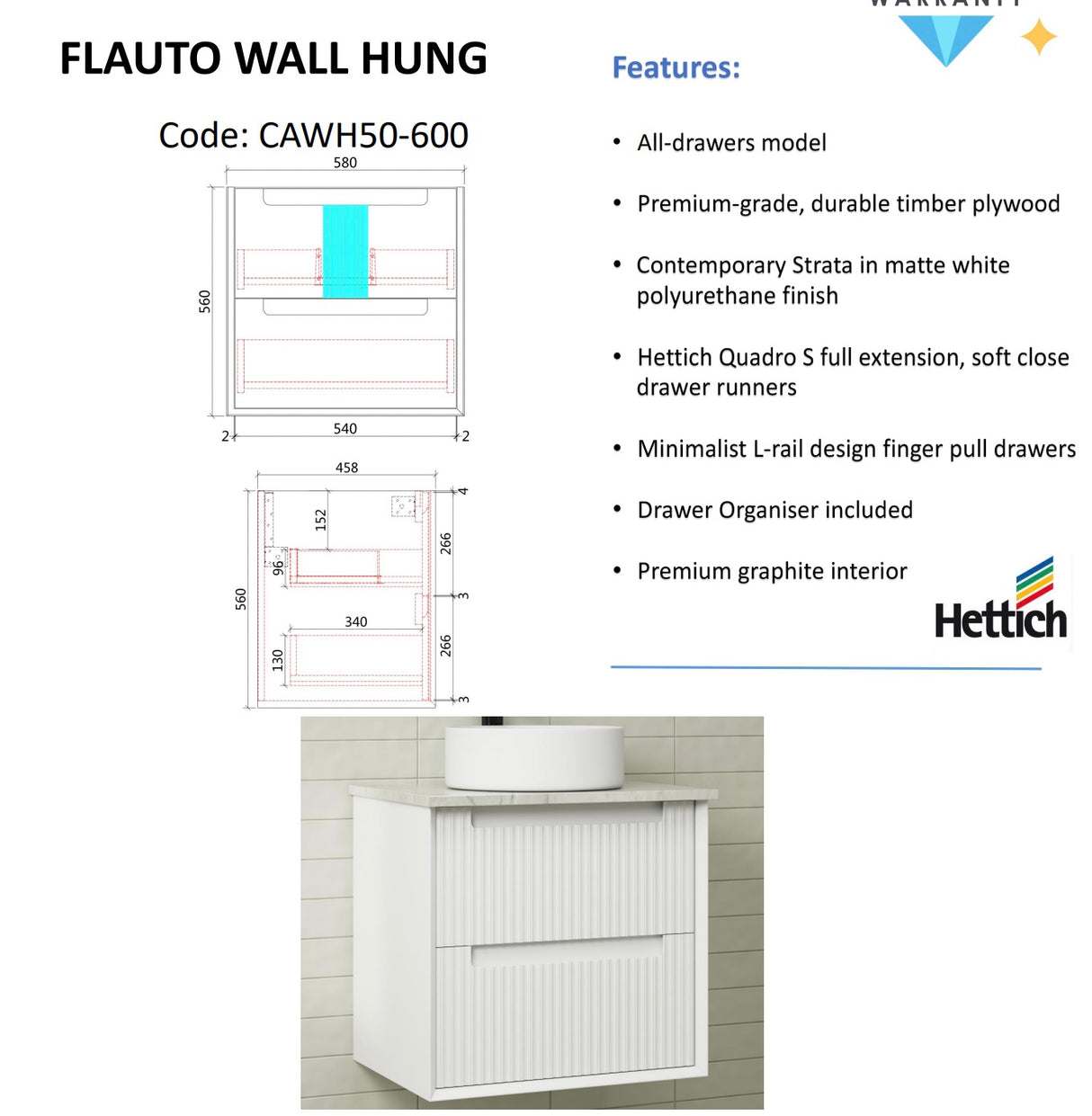 FLAUTO Wall Hung Vanity Matte White (All Sizes)