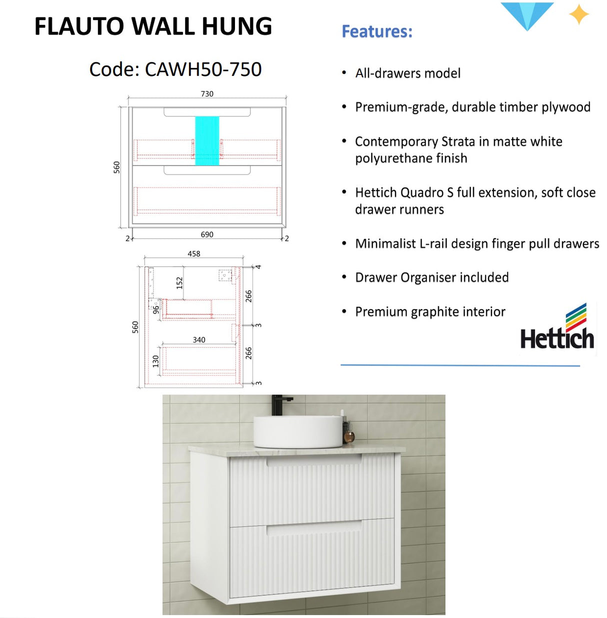 FLAUTO Wall Hung Vanity Matte White (All Sizes)