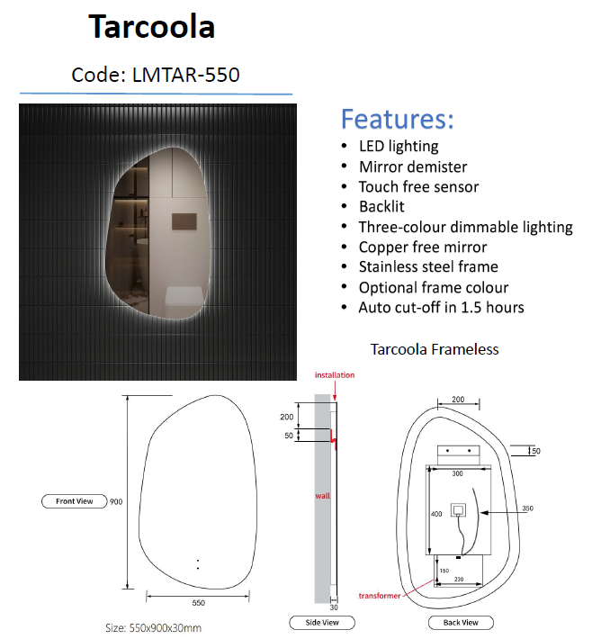 TARCOOLA Backlit LED Asymmetric Mirror