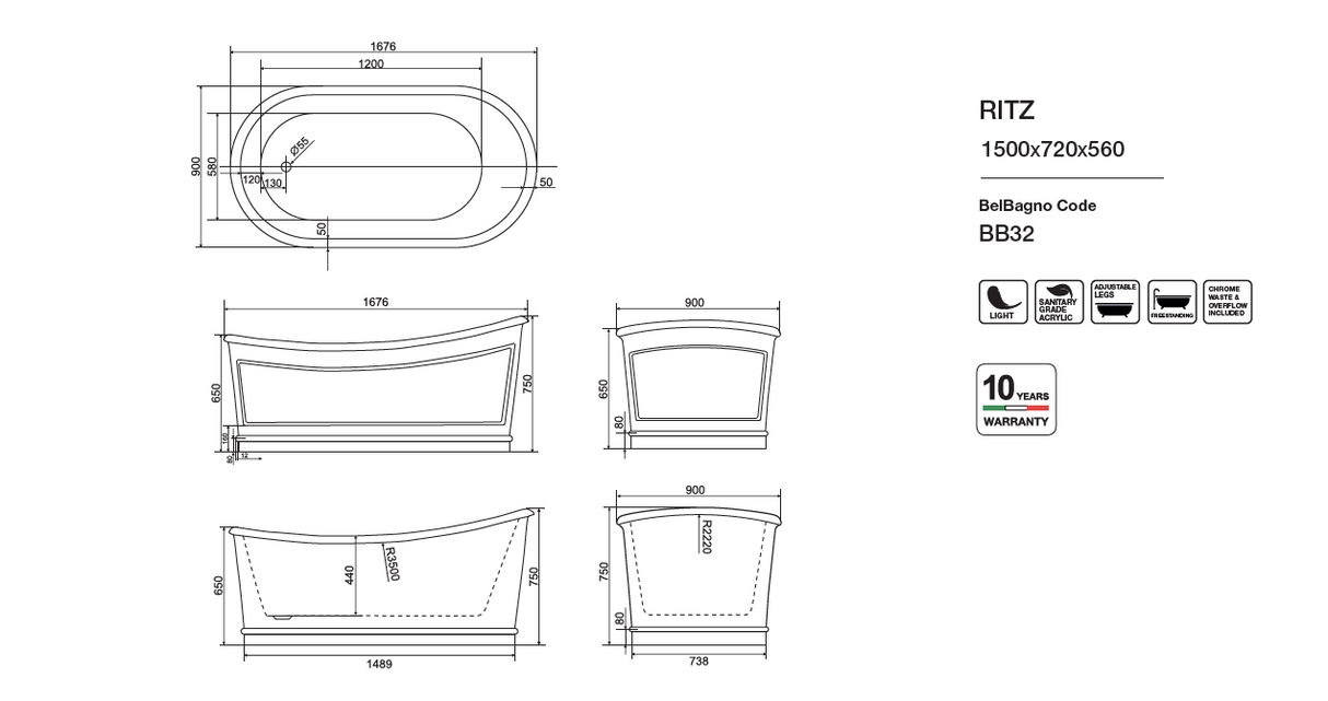 RITZ Freestanding Bathtub with Overflow (Matte Grey) (1700mm)