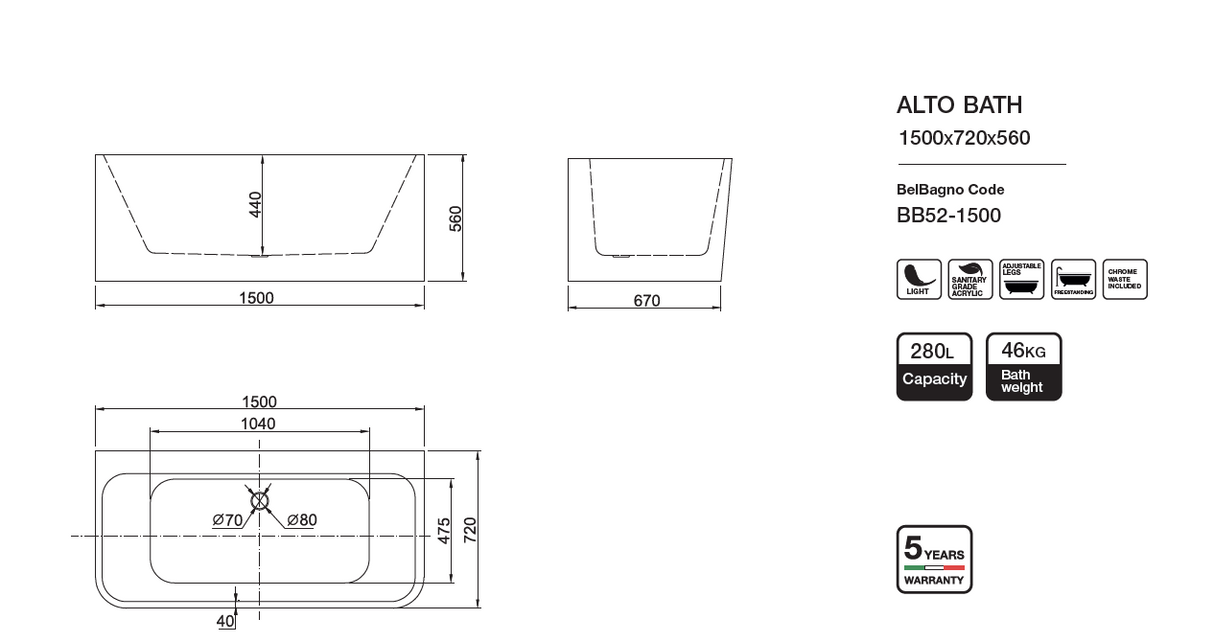 ALTO Back to Wall Bathtub Overflow 1700mm/1500mm