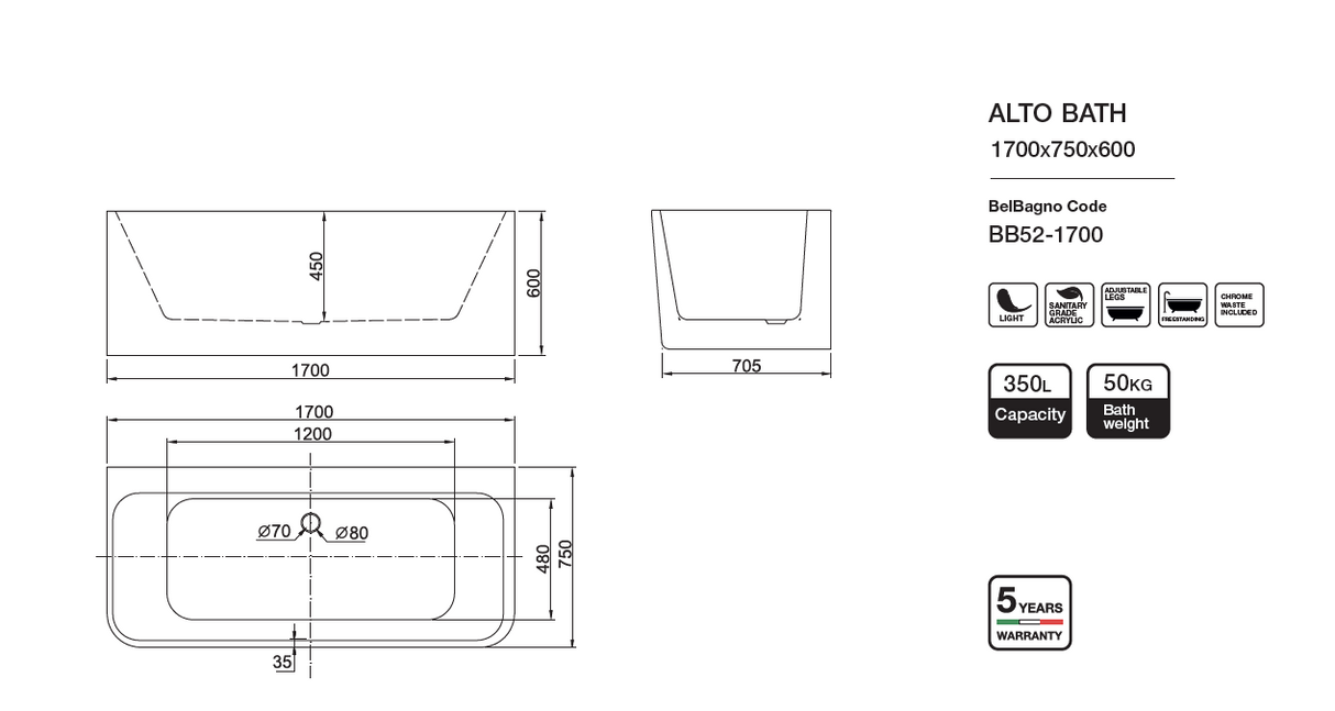 ALTO Back to Wall Bathtub Overflow 1700mm/1500mm