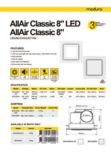 MODURA AllAir Classic 8" LED ‐ Square Ceiling Mounted Exhaust Fan, Cut Out 205 x 205mm