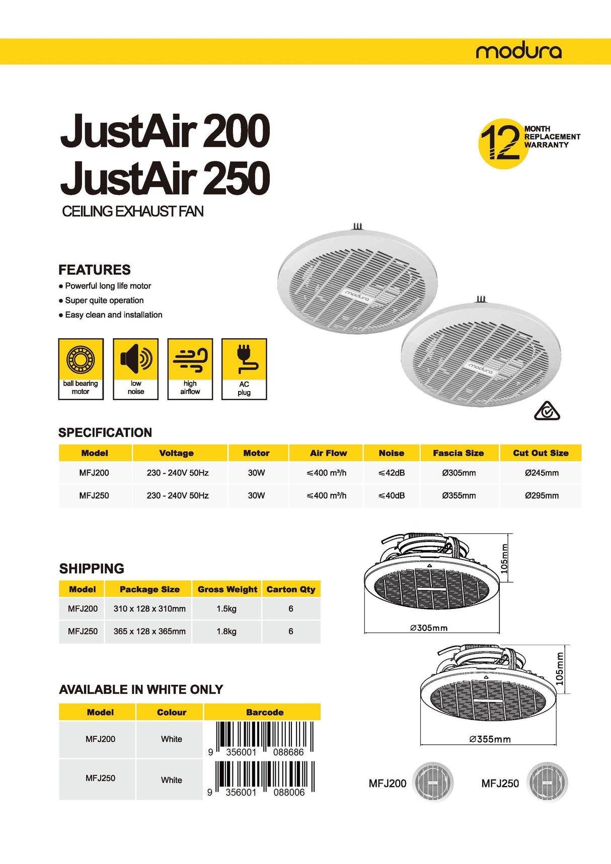 MODURA JustAir 200 ‐ Exhaust Fan Round 200mm