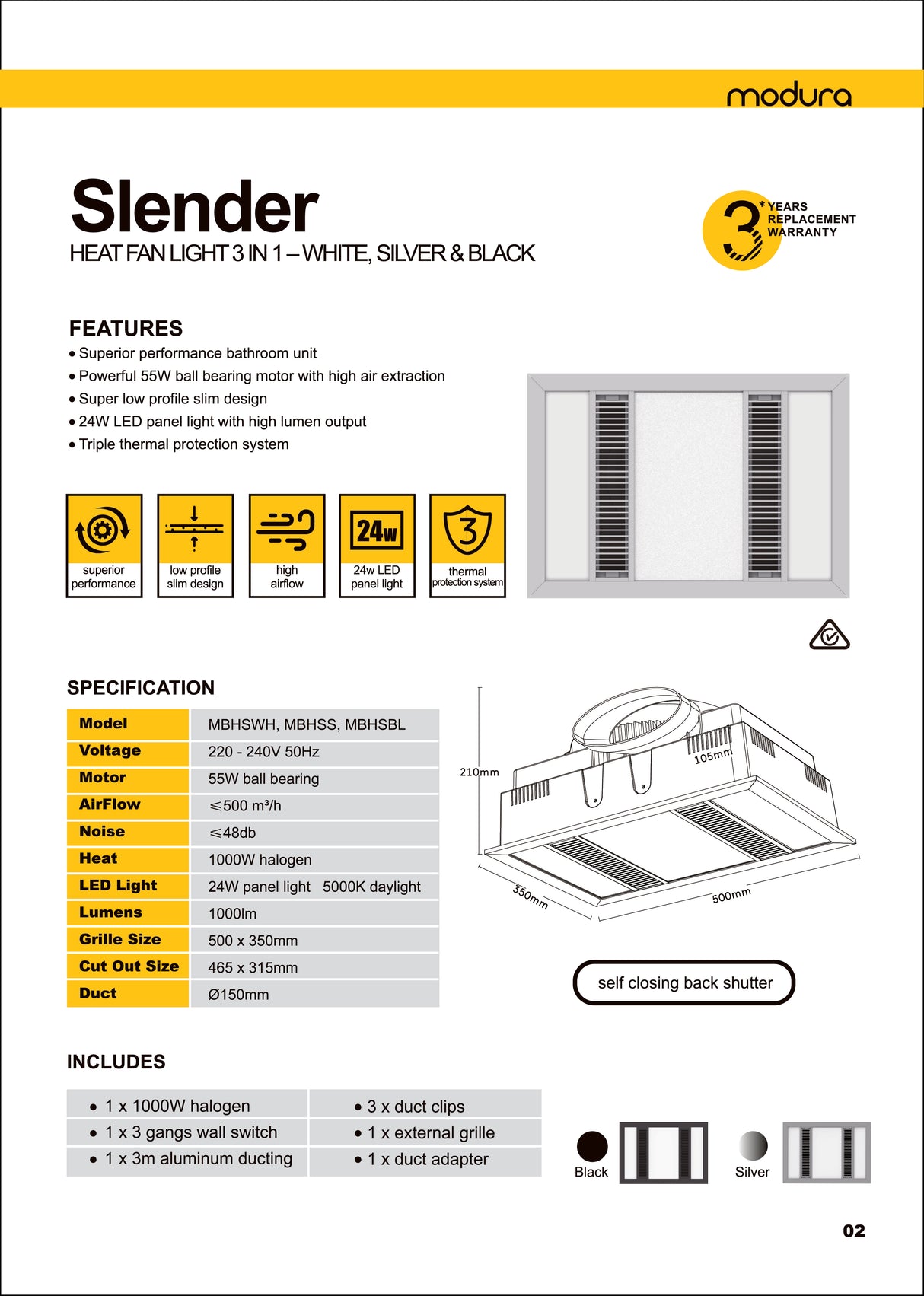 MODURA Slender Silver High Extraction Exhaust Fan With Panel Light 24w