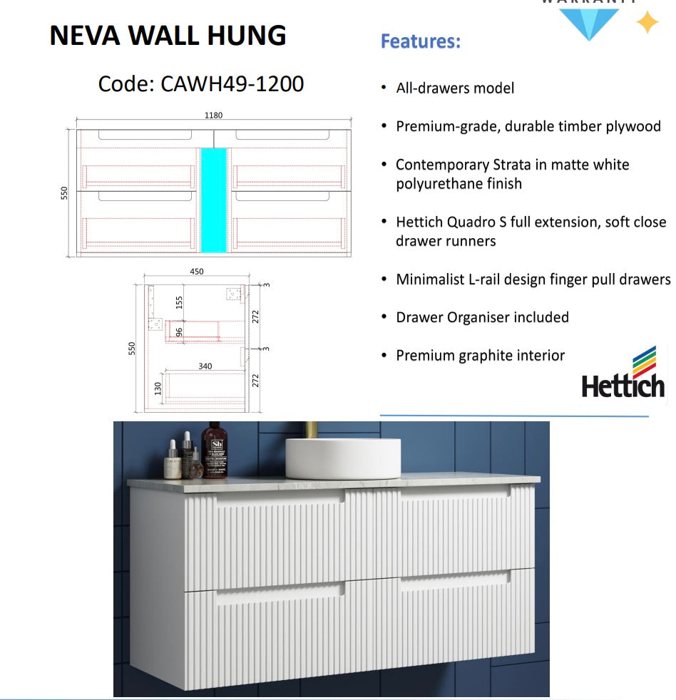 NEVA Wall Hung Vanity Matte White (All Sizes)